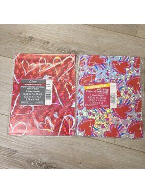 2 Vtg Foil Hearts Red Pink Silver Retro Love Gift Wrapping Paper Arts Crafts